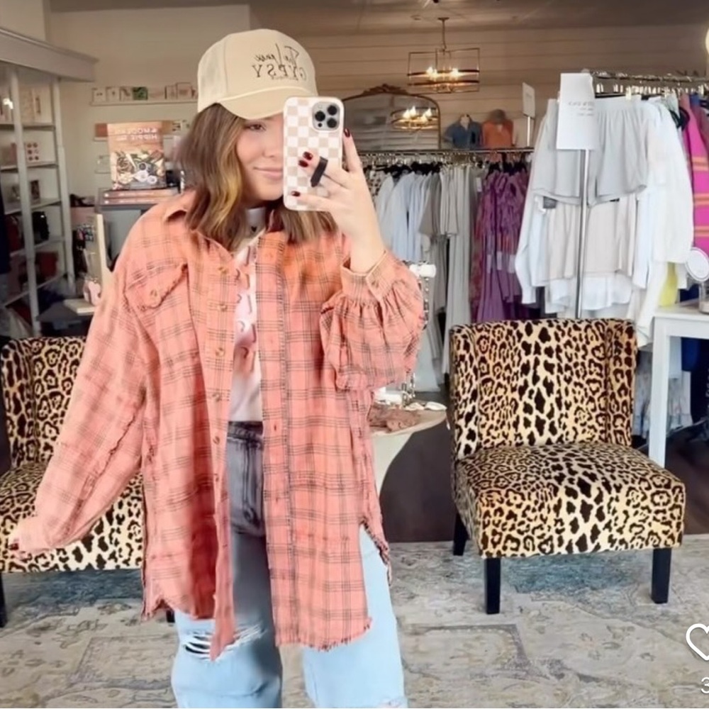 Coral Washed Distressed Flannel NWT